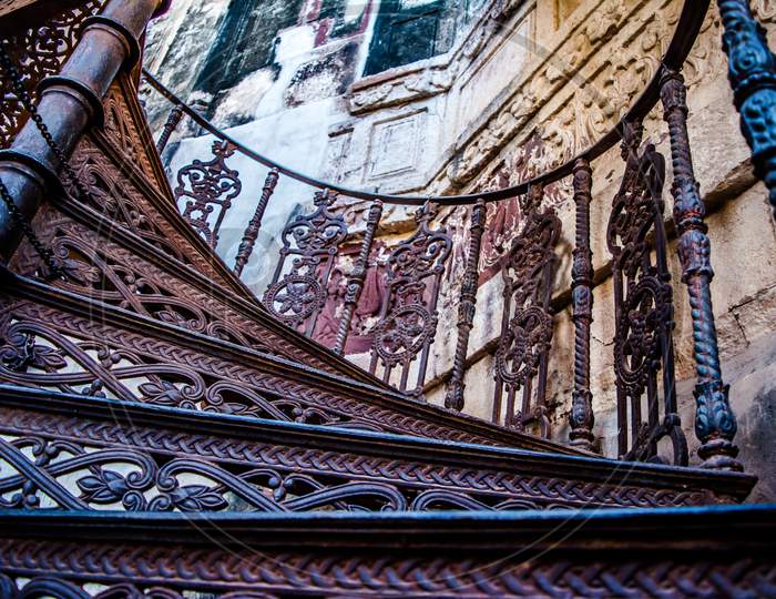 Antic round iron stairs, located  Mehrangarh or Mehran Fort, Jodhpur, Rajasthan, one of the largest forts in India.