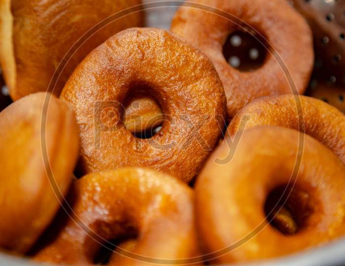 Fresh, Golden Brown And Homely Cooked Donuts. Focused And Defocused Donuts