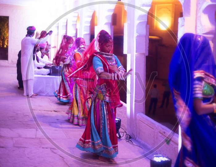 Jodhpur, Rajasthan, India , August 08, 2018 : Folk Dancing Performance Inside Mehrangarh Fort In The Evening, Event, Heritage Property, Travel, Destination Wedding - Image