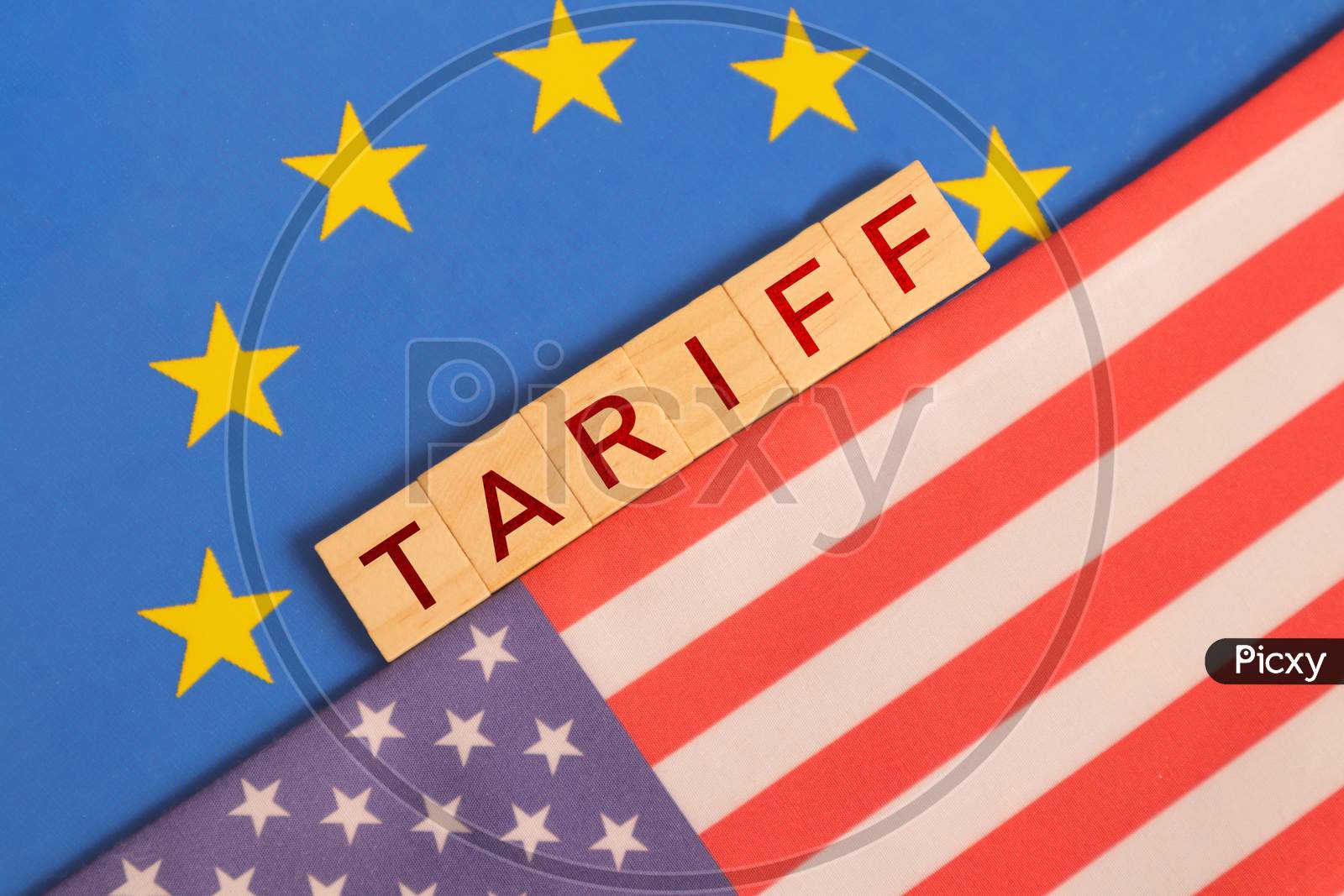 Concept Of Bilateral Relations And Us Tariff On Eu Showing With Flags