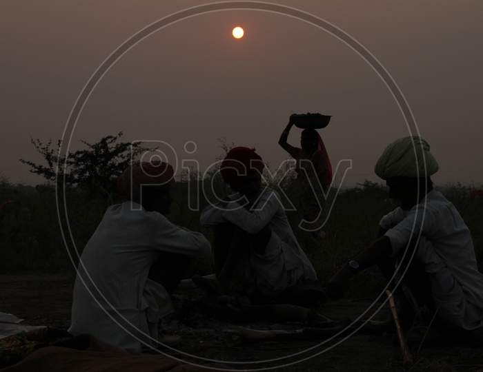 Silhouette of Group Of Camel Traders  At Pushkar Camel Fair, Rajasthan