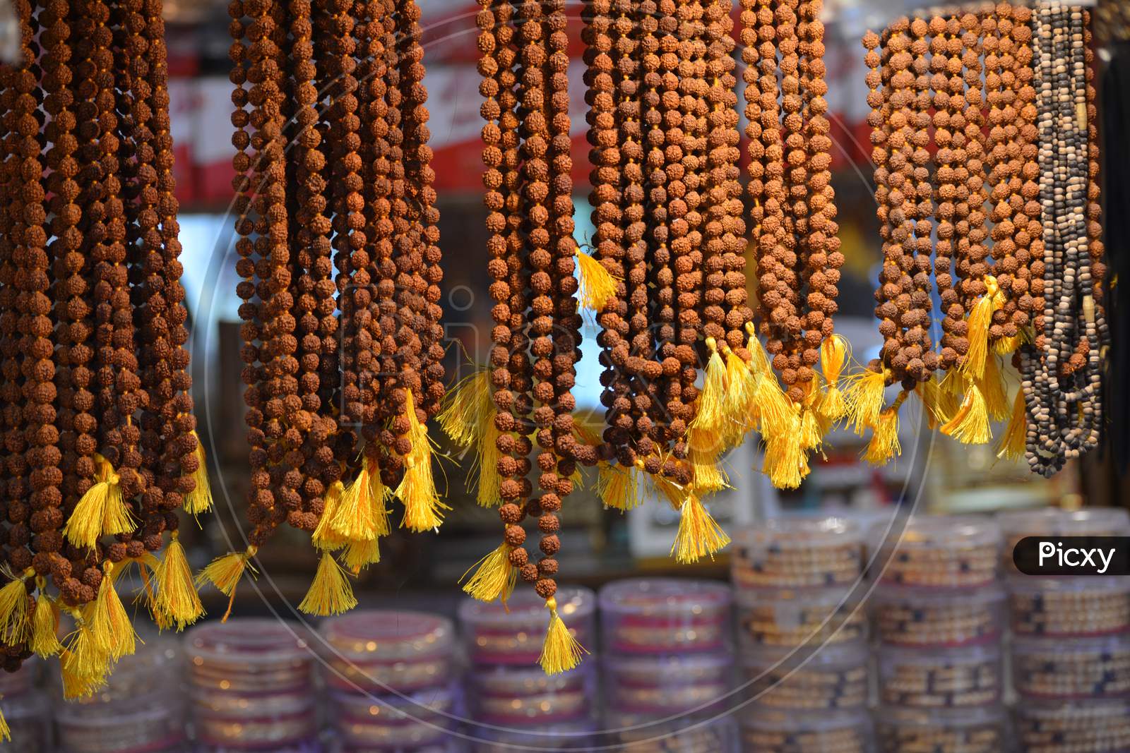 Rudraksha Garlands for sale at a shop in maihar, madhya pradesh, India