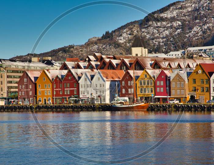 Bergen, Norway. View of historical buildings in Bergen, Norway. UNESCO World Heritage Site.