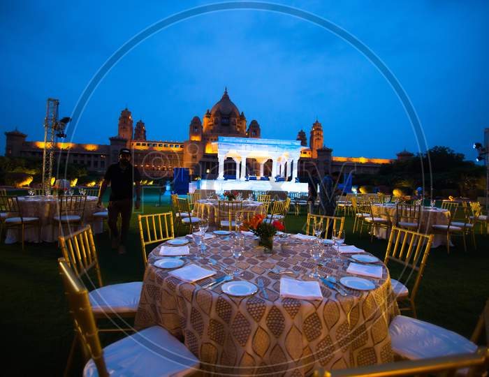 Jodhpur, Rajasthan, India , August 08, 2018 : Outside View Of Umed Bhawan Palace Royal Dining In The Evening, Jodhpur Rajasthan, Heritage Property, Travel, Destination Wedding - Image