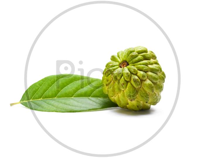 Sugar apple or custard apple with green leaf isolated on white background
