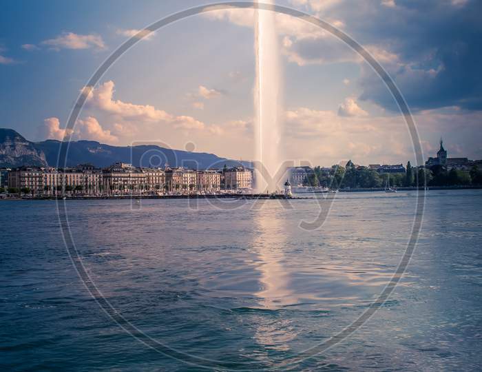 The Geneva Water Fountain Also Called As The Jet D'Eau, It Is A Large Fountain In Geneva, Switzerland