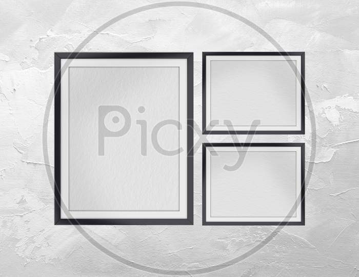 Photo frame mockup template on white textured wall background, 3d illustration