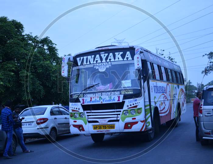 Buses With Migrant Workers Arrive At Andhra Pradesh - Telangana Border For Clearance During Nationwide Lockdown Amidst Coronavirus Or COVID-19 Pandemic In Aswaraopeta, Telangana
