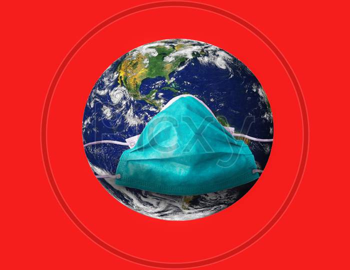 Earth in medical mask isolated on Red background, concept of coronavirus in world, COVID-19 pandemic and safety. Globe with protect from corona virus in space.