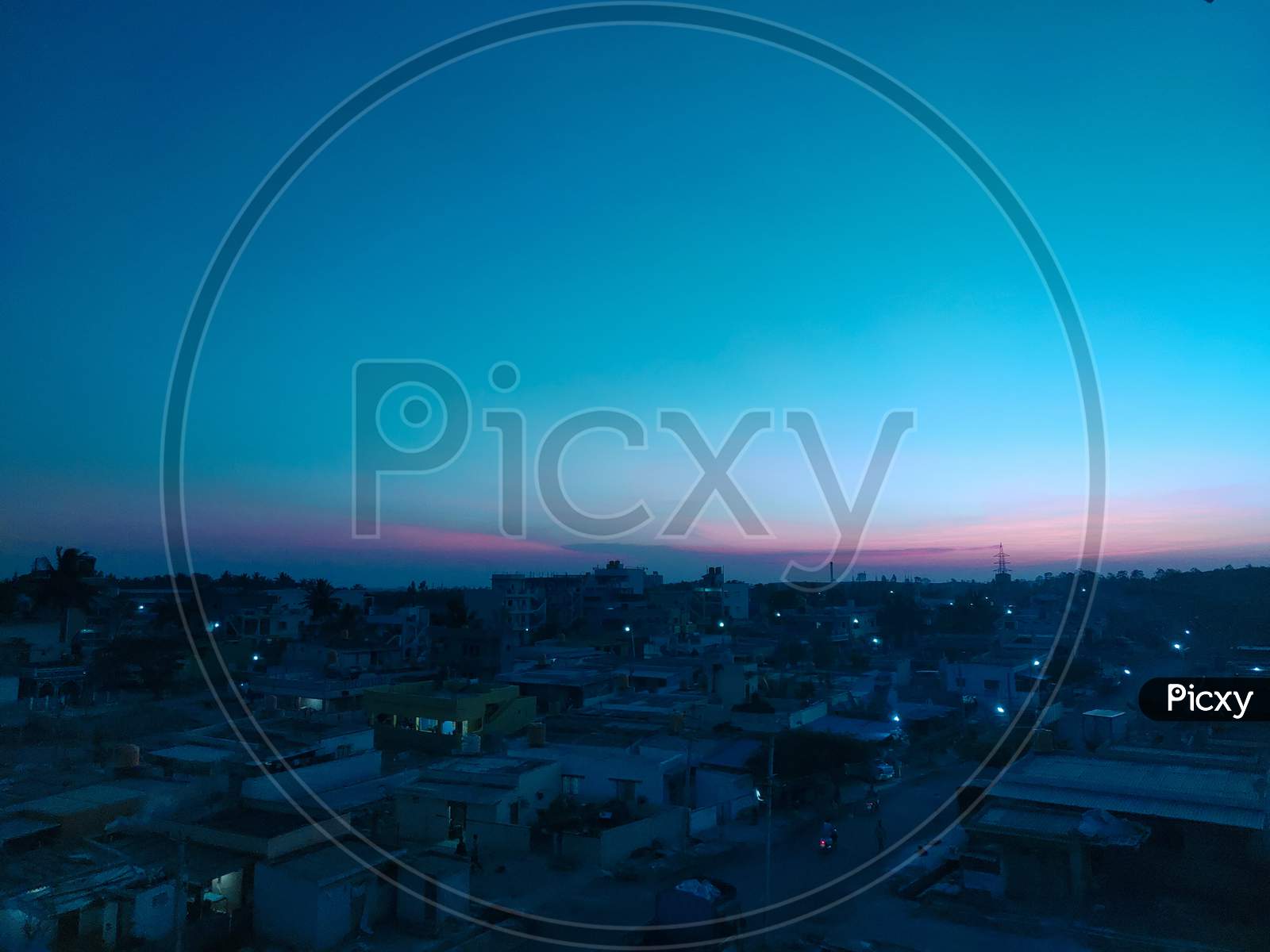Beautiful top view of city after sunset