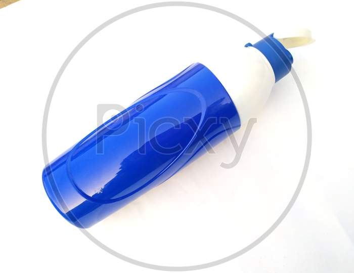 blue and white cold water bottle isolated on white background