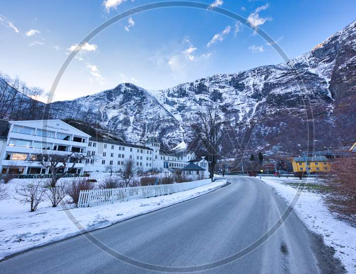 FLAM, NORWAY -  20th Feb, 2018: The train stops at the flam station. The Flam Line is between Myrdal and Flam in Aurland, Norway, the mainline of the Bergen Line.
