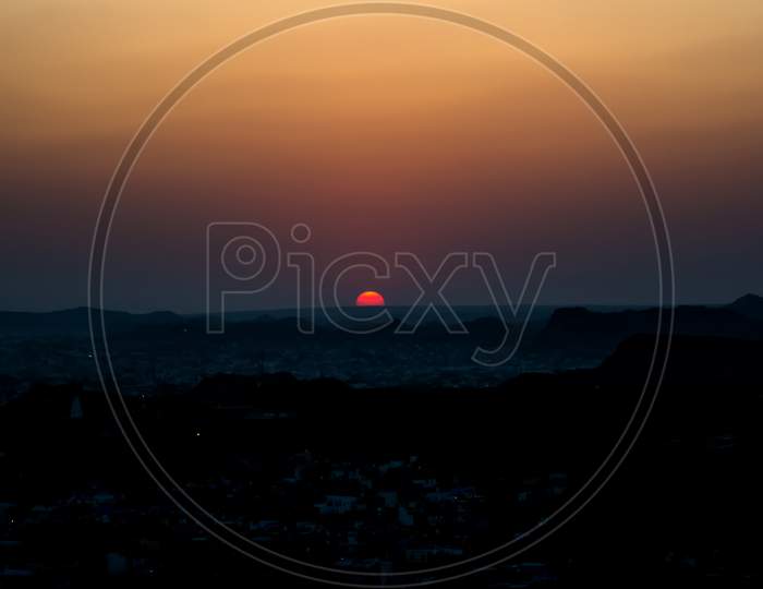 Sunset at Jodhpur city  aerial view from top of Mehrangarh or Mehran Fort