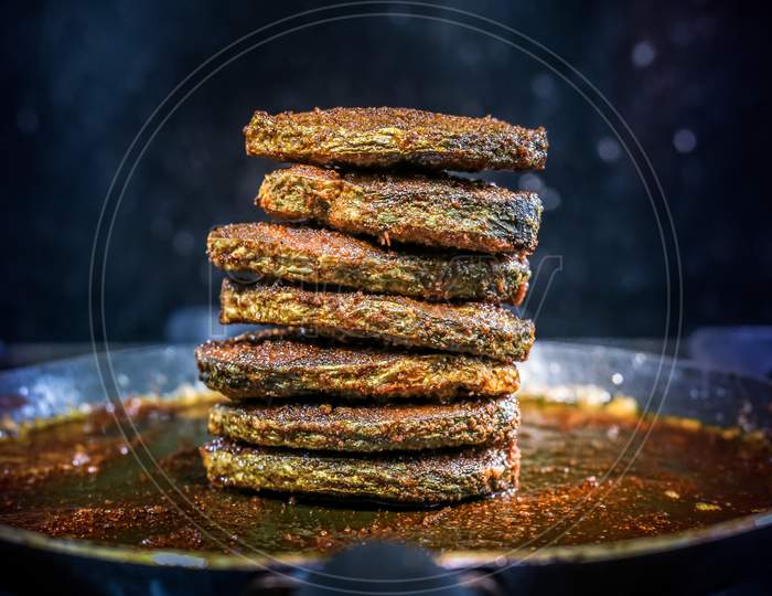 Delicious Fish Fry Stacked On Hot Pan, Indian Kerala Style With Hot And Spicy