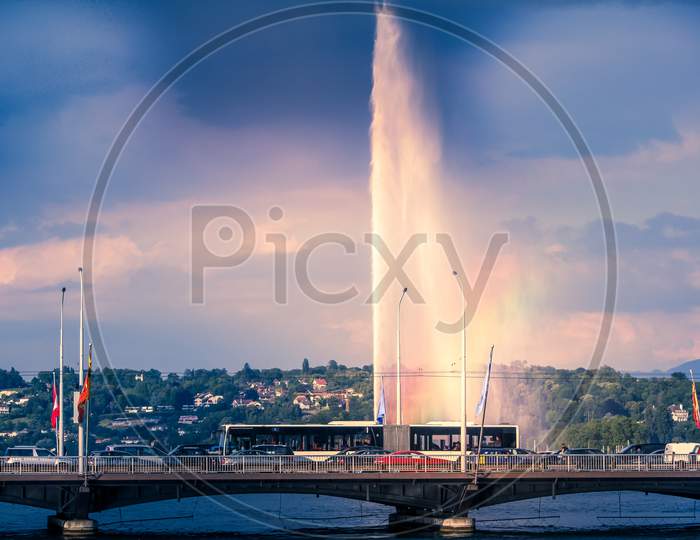 The Geneva Water Fountain With Rainbow Near The Mont Blanc Bridge, Geneva Switzerland