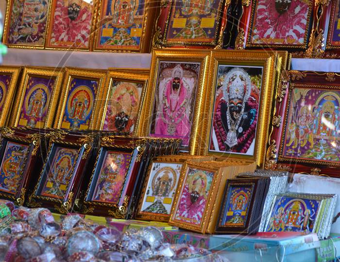 MAIHAR, MADHYA PRADESH, INDIA - DECEMBER 22, 2019: indian temple religious shop near sharda temple at district Satna Maihar in India.