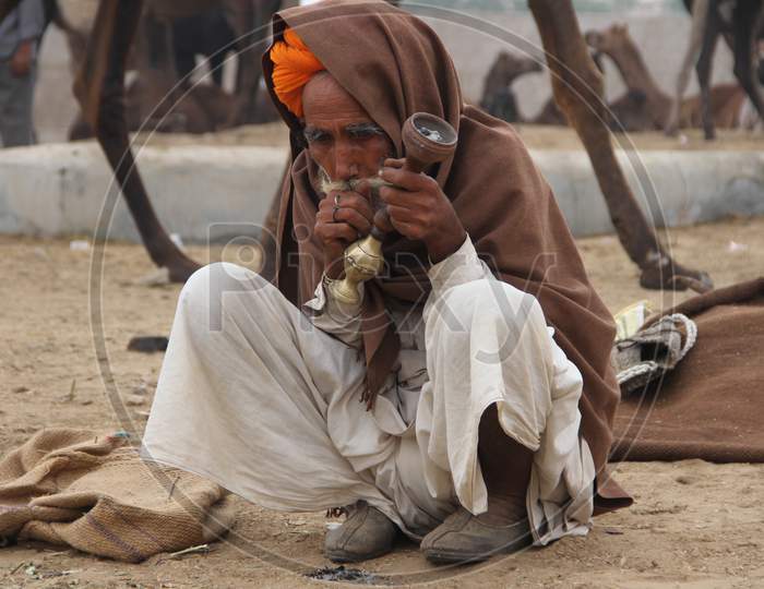 Rajasthani Camel Traders Smoking Hookah At Pushkar Camel Fair, Pushkar