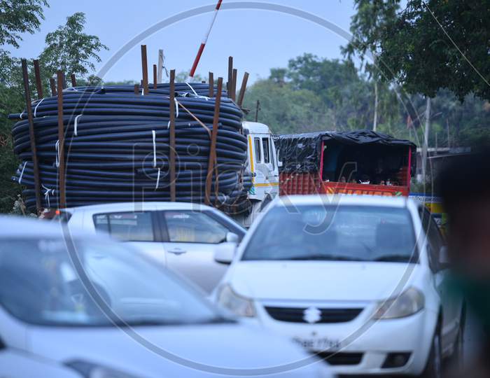 Heavy Trucks Carrying Industrial Goods Wait At Telangana- Andhra Pradesh Border For Clearance During During Nationwide Lockdown Amidst Coronavirus Or COVID-19 Pandemic In Aswaraopeta, Telangana