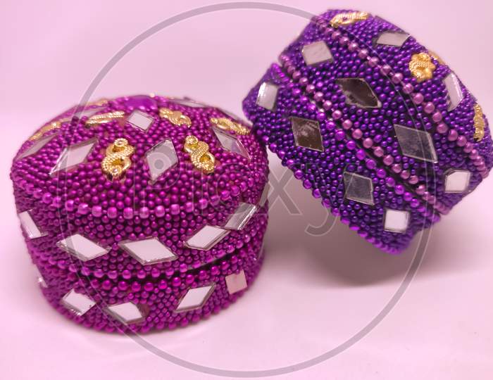 Close View Of Moroccan Jewelry Boxes In White Background.