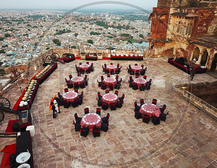 Jodhpur, Rajasthan, India , August 08, 2018 : Aerial View Of Royl Dining Setup In The Evening At Mehrangarh Fort, Jodhpur Rajasthan, Heritage Property, Travel, Destination Wedding - Image