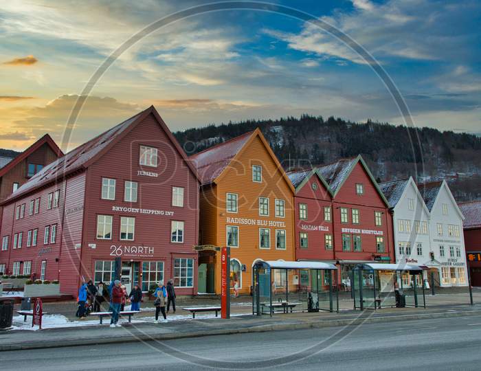 Bergen, Norway. View of historical buildings in Bergen, Norway. UNESCO World Heritage Site.