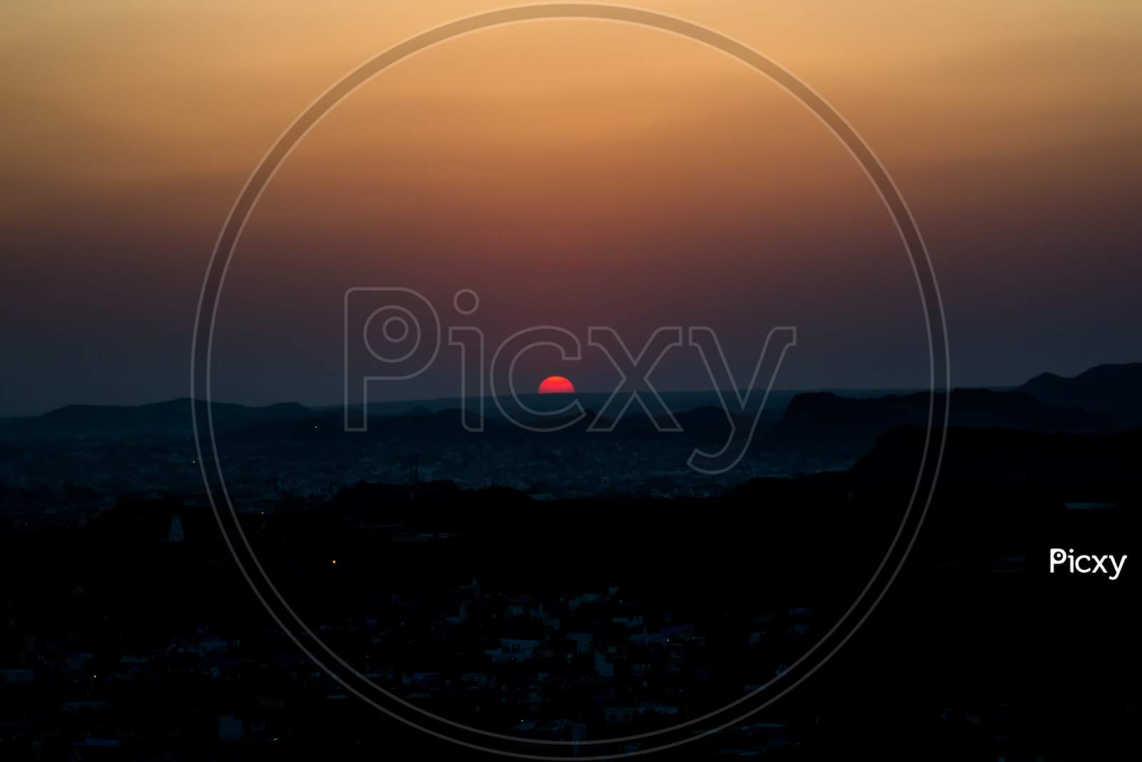 Sunset at Jodhpur city  aerial view from top of Mehrangarh or Mehran Fort