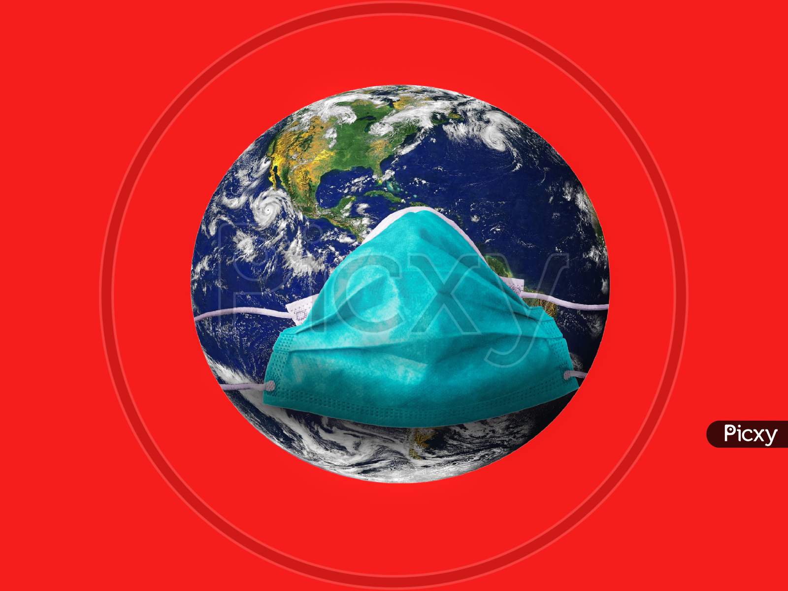 Earth in medical mask isolated on Red background, concept of coronavirus in world, COVID-19 pandemic and safety. Globe with protect from corona virus in space.