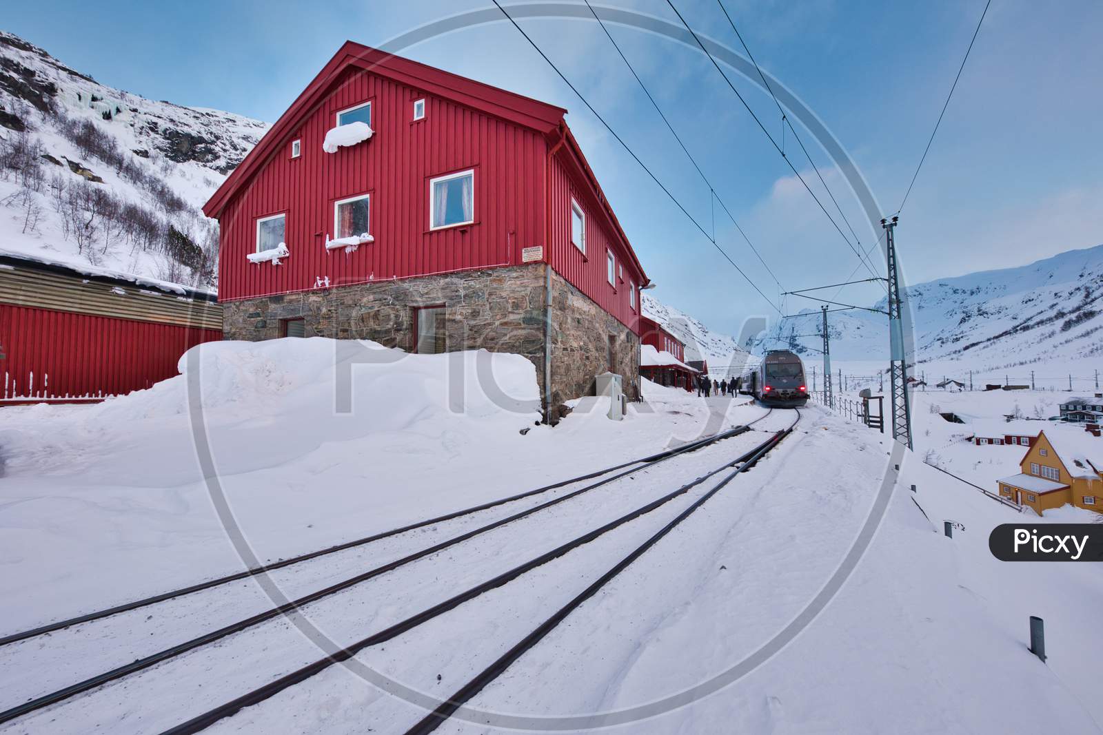 Image of FLAM, NORWAY - 20th Feb, 2018: The train stops at the flam ...