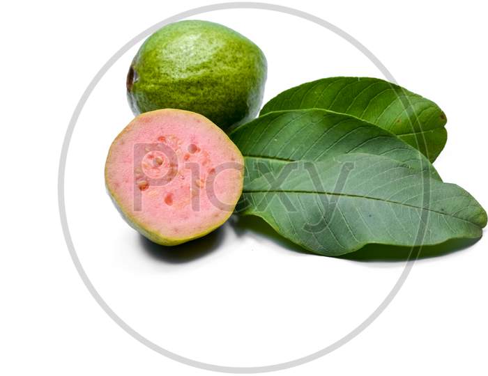 Fresh guava with leaf isolated on white background.