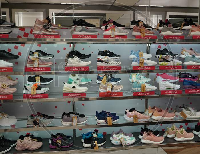 Dubai Uae December 2019 Kappa Brand Sport Shoes At A Shop. Footwear Of Various Brands In The Mall. Big Collection Of Different Sport Shoes.