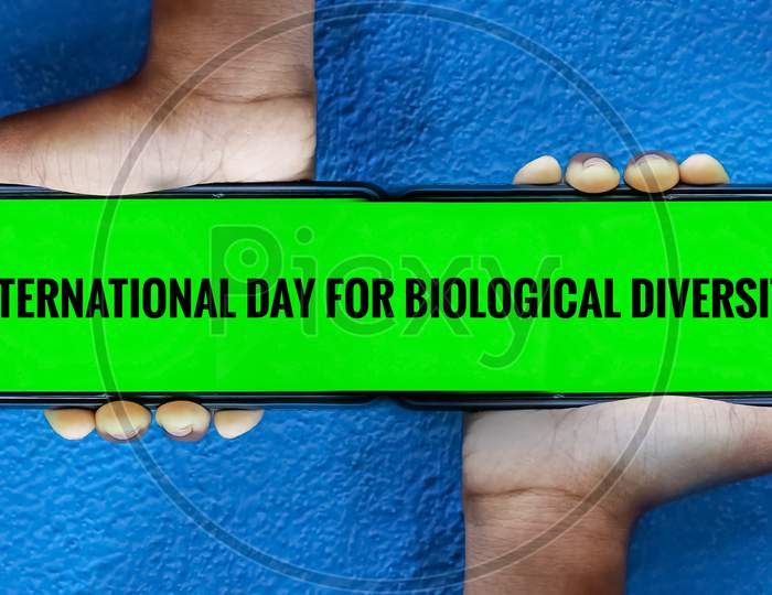 22Nd May - International Day For Biological Diversity Word On Big Mobile Smart Phone Screen With Isolated On Blue Background. International Day For Biological Diversity Wording On Mobile.