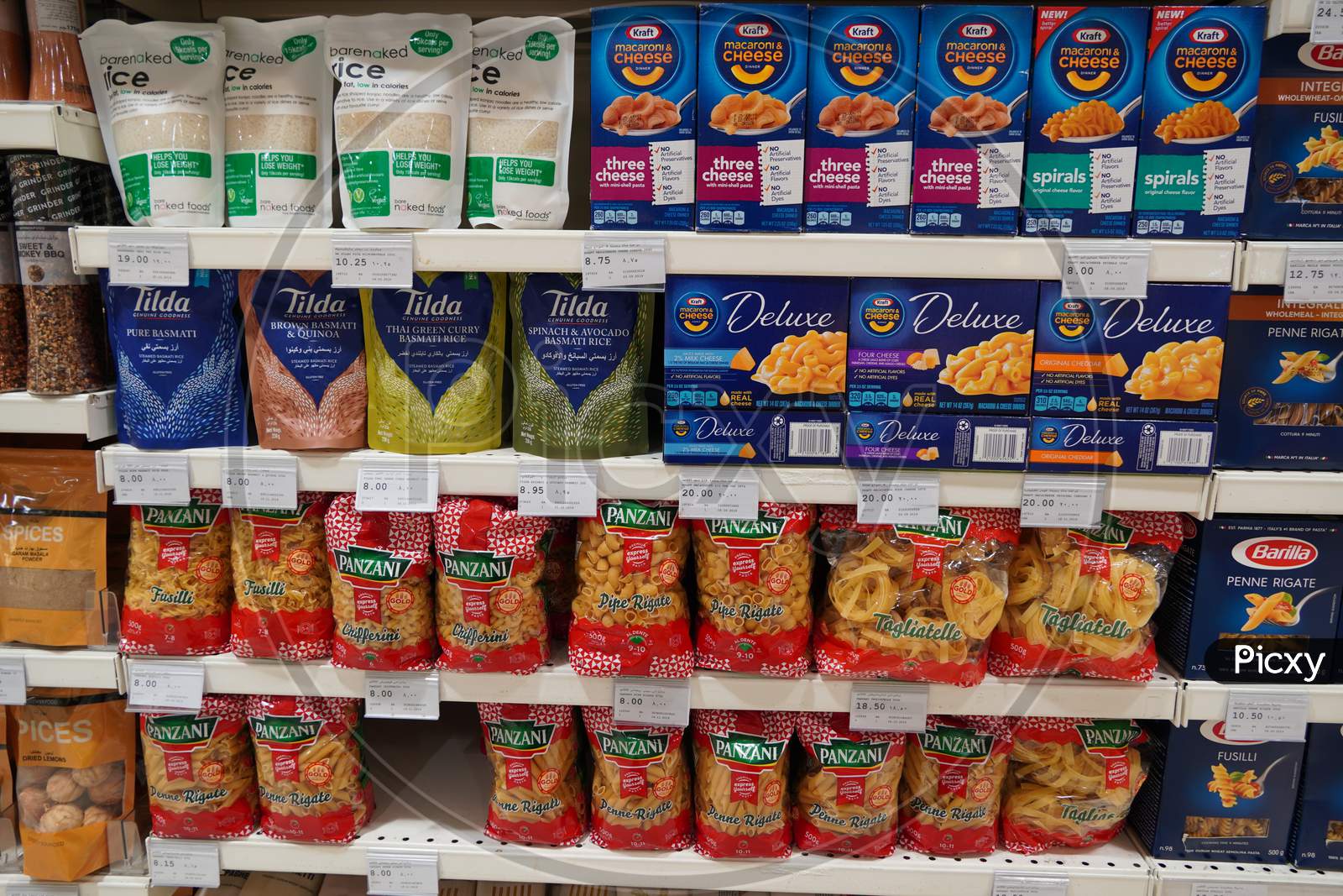 Dubai UAE December 2019 - Selection of italian pasta on the shelves in a supermarket. Pasta aisle with shelves in a Supermarket. Nobody.