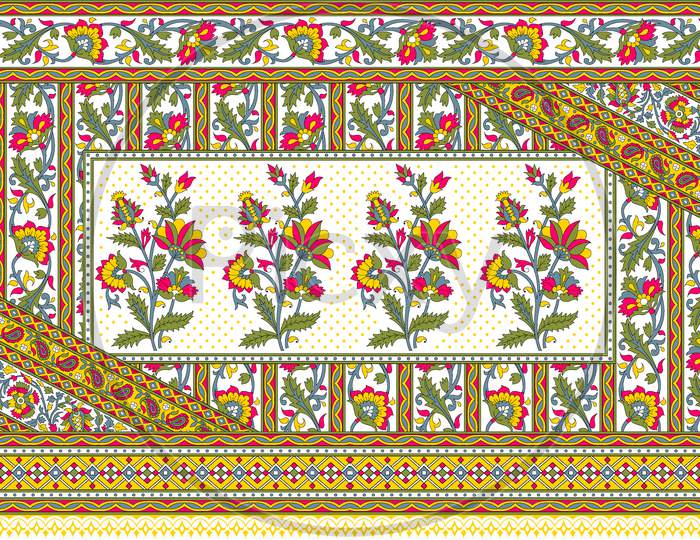 Floral Mughal Flower Border Dupatta Design White Background