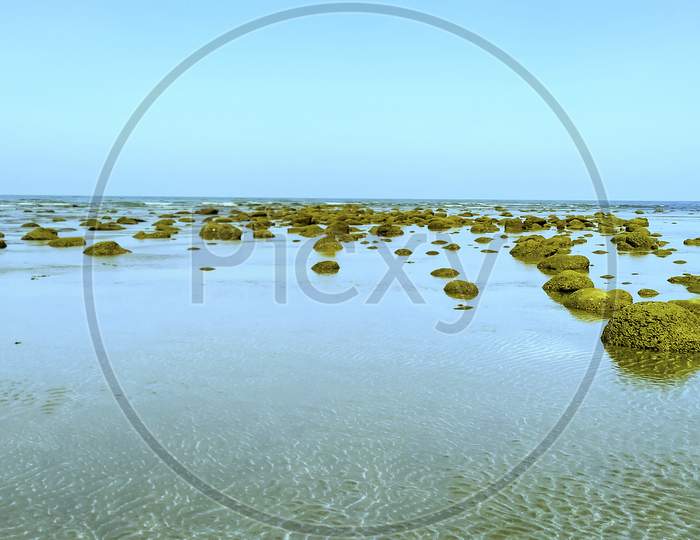 Rock Pools At Low Tide On Cox Bazar Beach In Bangladesh.