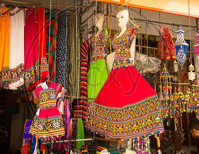 Pushkar, Rajasthan, India - November 14, 2019: Colorful India Style Traditional Ethnic Clothes Shop In The Local Market.
