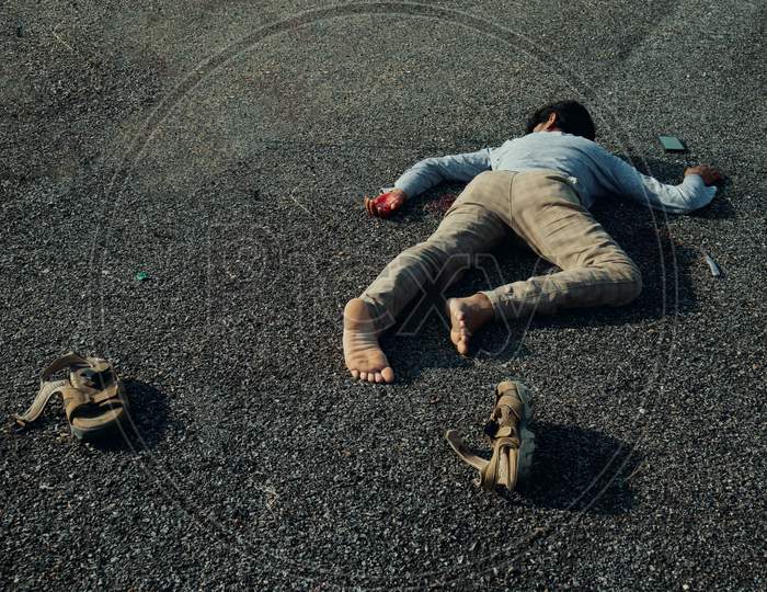 Concept Of Crime Scene , Victim Dead Body Laying On Road