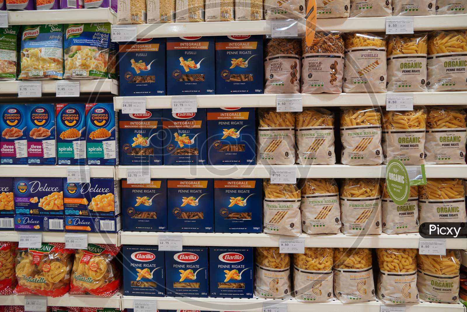 Dubai UAE December 2019 - Selection of italian pasta on the shelves in a supermarket. Pasta aisle with shelves in a Supermarket. Nobody.