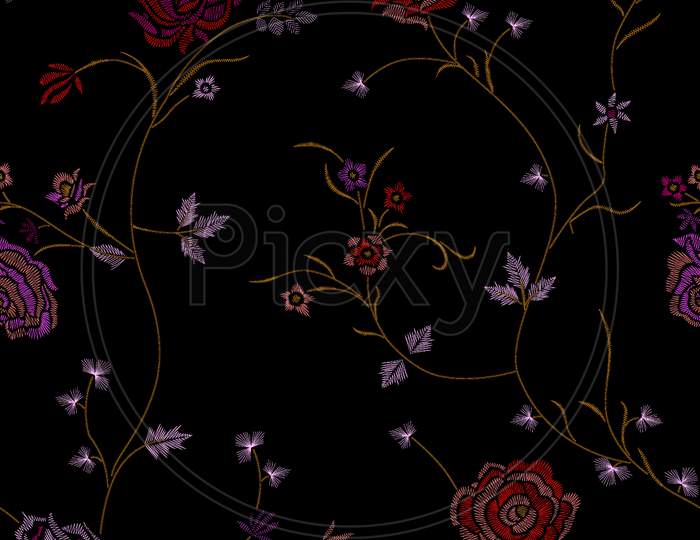 Seamless Embroidery Classical Design With Black Background