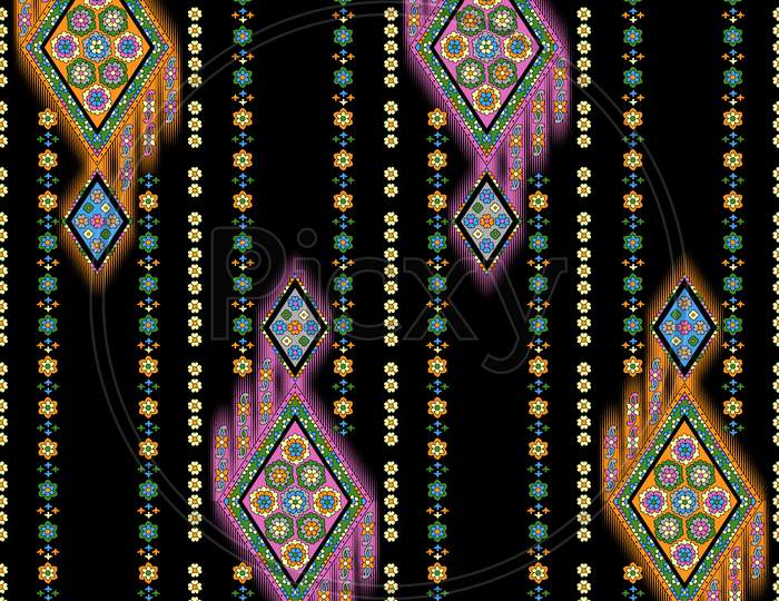 Beautiful Floral Stripe With Geometrical Design Black Background