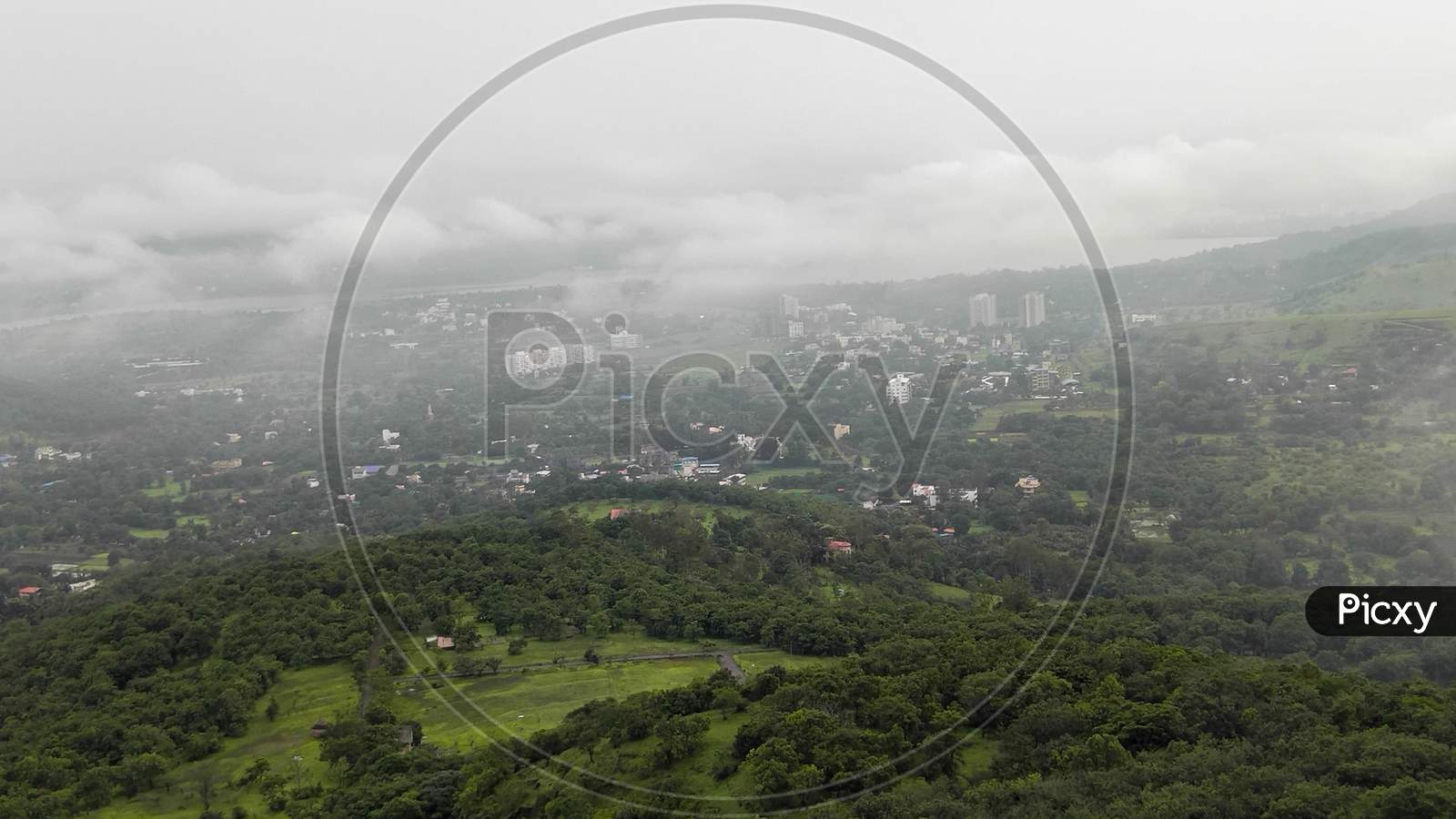 Pune city view from sinhagad fort in monsoon