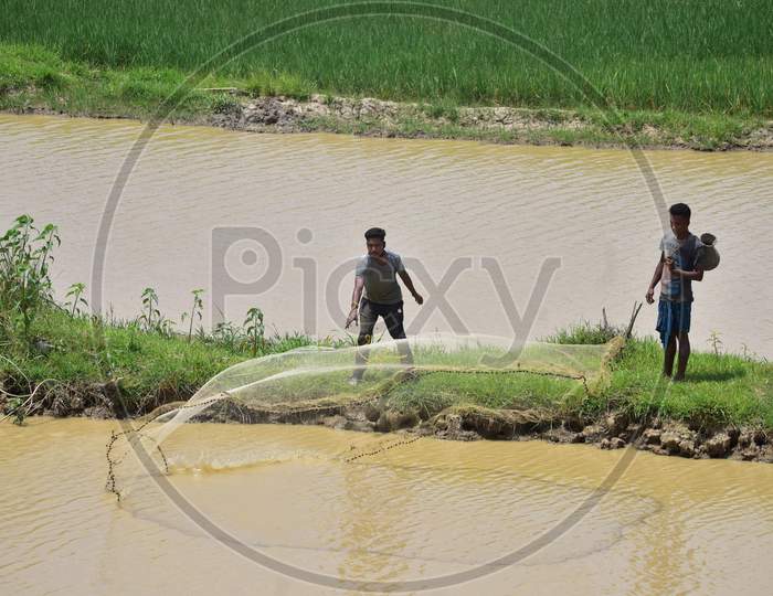 A Fisherman Casts His Fishing Net At A Lake During Nationwide Lockdown Amidst Coronavirus Or COVID-19 Pandemic At  Dharamtul In Morigaon District Of Assam On May 2, 2020