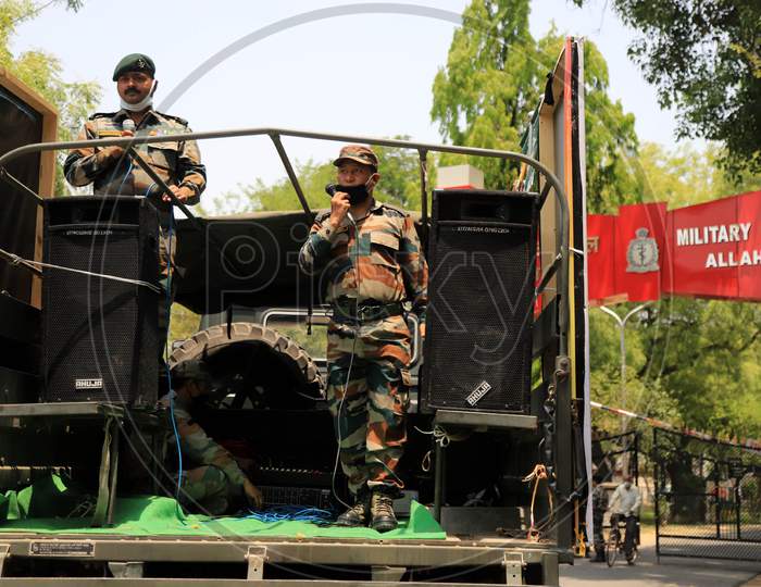 Army men singing songs at a military hospital during a government-imposed nationwide lockdown as a preventive measure against the COVID-19 or Coronavirus in Prayagraj on May 2, 2020.