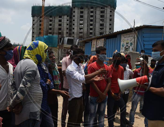 Migrant labourers stage a protest for various demands during a government-imposed nationwide lockdown as a preventive measure against the COVID-19 or Coronavirus, in Chennai 