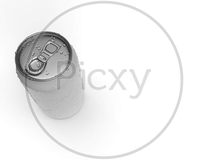 3D Render Of White Metallic Soda Can With Liquid Condensation On Surface In White Background For Beverage Product Mockup.