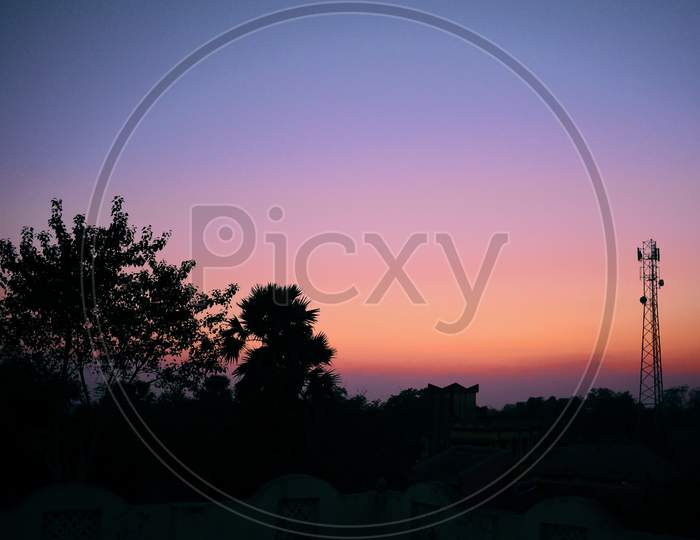 Silhouette Image Of A Blue And Reddish Sky During Sunset With Tress In The Foreground
