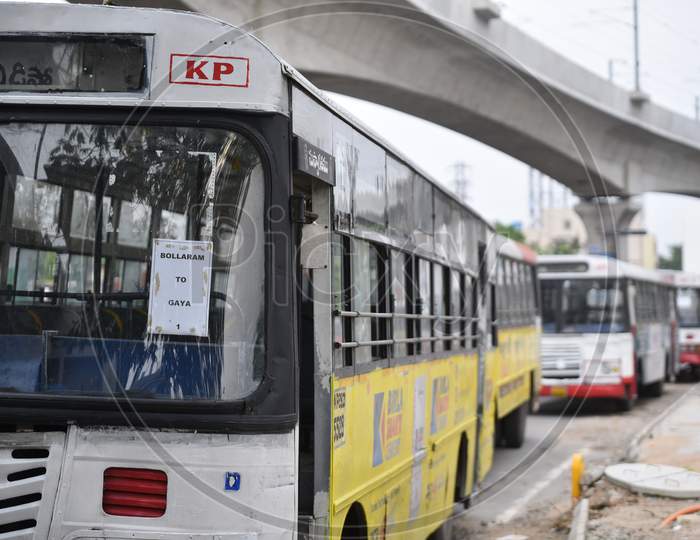Migrant workers to be taken to Railway Stations in Hyderabad TSRTC City Buses where Shramik Special Trains begin ferrying Migrants to their native states during an extended lockdown amid coronavirus fears, Hyderabad, may 19, 2020.