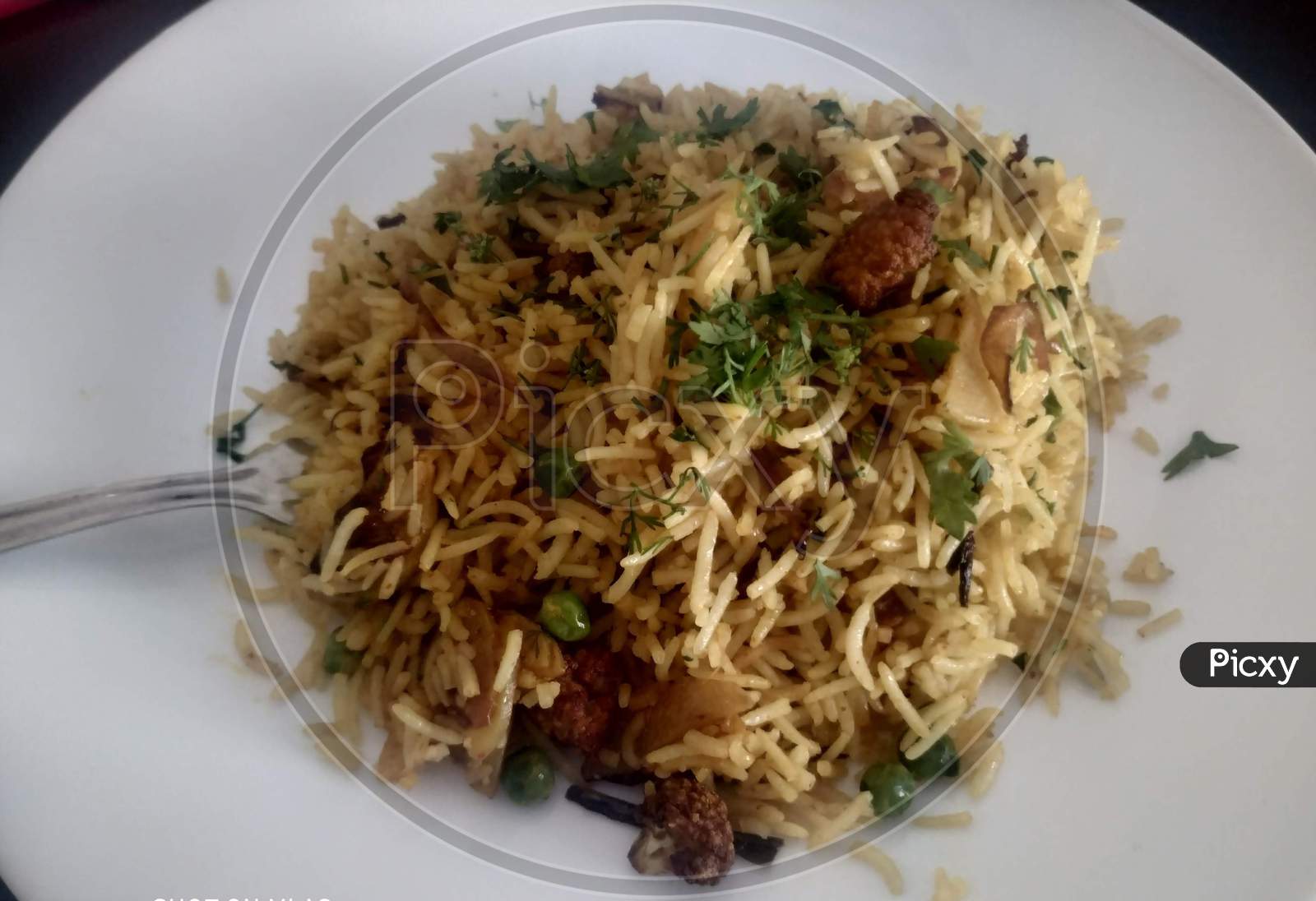 Indian Traditional Spicy Vegetable Biryani With Fried Oinion On White Flat Plate