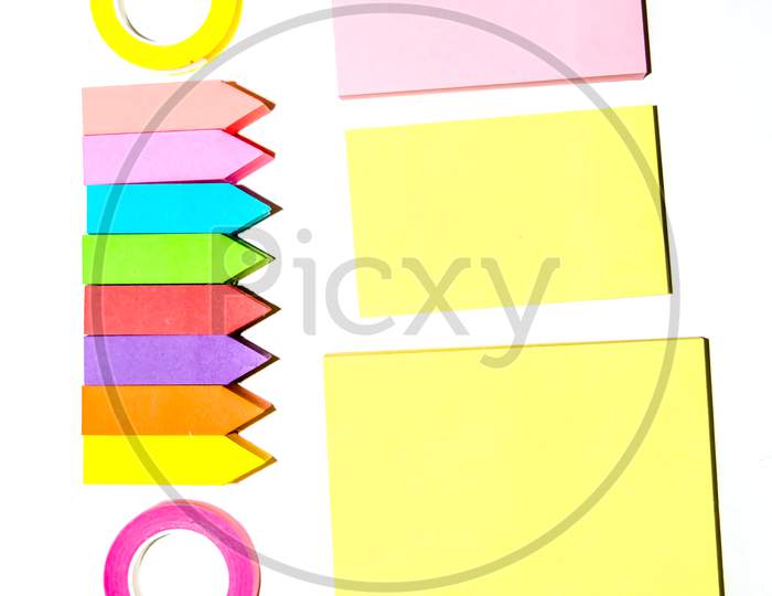 Set of different types of colorful sticky note isolated on white background.