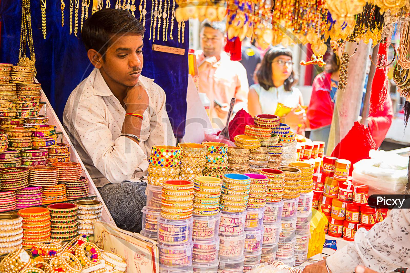 Mumbai, India, 10 October 2019 : Unidentified Street Shop Vendor Selling Colorful Bangles On His Street Shop.