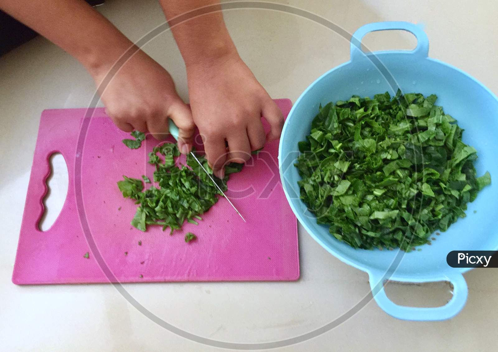 Woman cutting fresh vegetables chopping board on kitchen